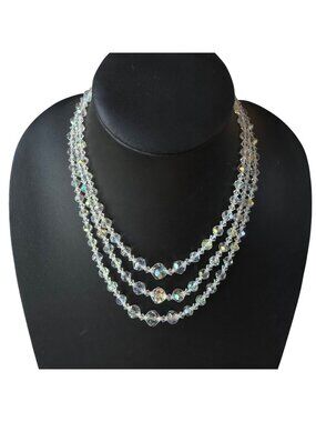 Vintage Necklace AB Aurora Borealis Bead Triple Strand Mid Century 14-16 inches